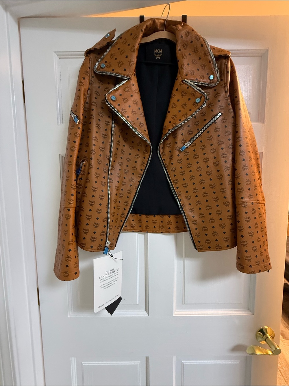 MCM Cognac Logo-Print Leather Biker Jacket